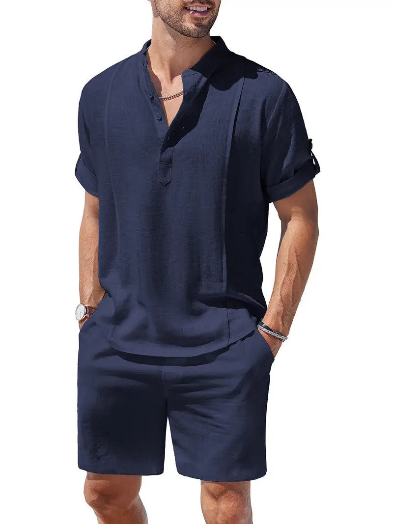 Men's 2 Pieces Linen Set Henley Shirt Short Sleeve And Shorts Summer Beach Yoga Matching Outfits