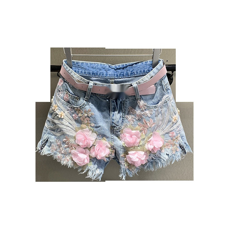 New Embroidery Beads Loose Straight Denim Shorts Women