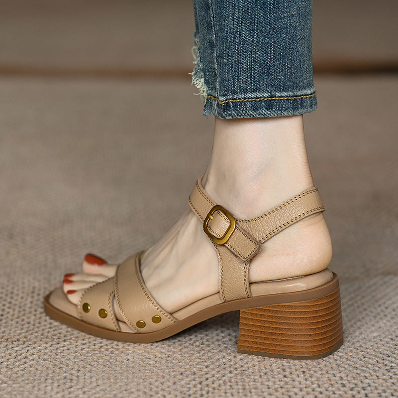 French Mid-Heel Open Toe Sandals