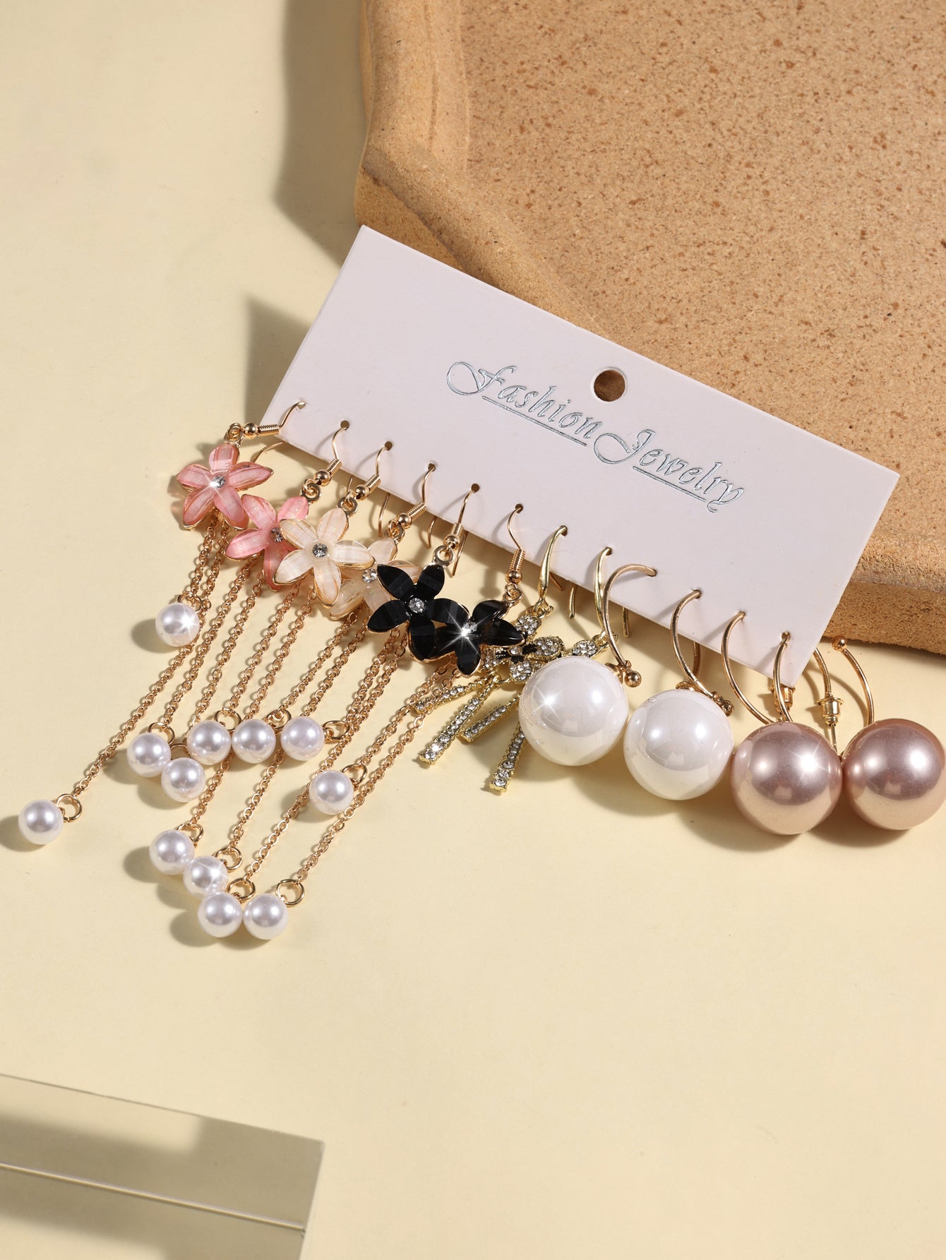 Combination Style 6 Pairs Of Temperament Personality Internet Famous Long Pearl Earrings With Crystal Flowers Simple And Versatile Earrings