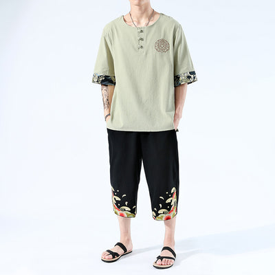 Japanesex Kimonos Summer 6 Colors Short-Sleeved T-shirt Harajuku Yukata Japan Embroidered Linen Men Shirts Trousers Asian Costume