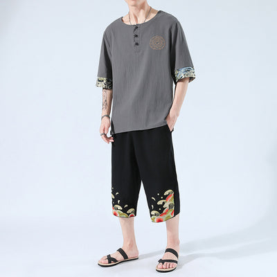 Japanesex Kimonos Summer 6 Colors Short-Sleeved T-shirt Harajuku Yukata Japan Embroidered Linen Men Shirts Trousers Asian Costume