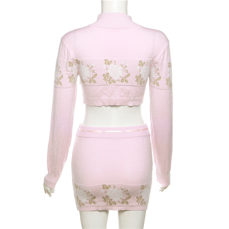 Sweet Turn-down Collar Zipper Embroidery Bare Midriff High Waist Lace-up Skirt Suit Women