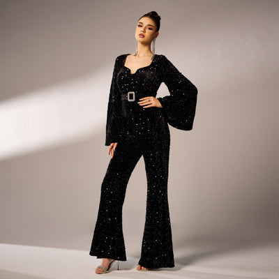 Long Sleeve Square-neck Slim-fit Sheath Banquet Sequined Jumpsuit