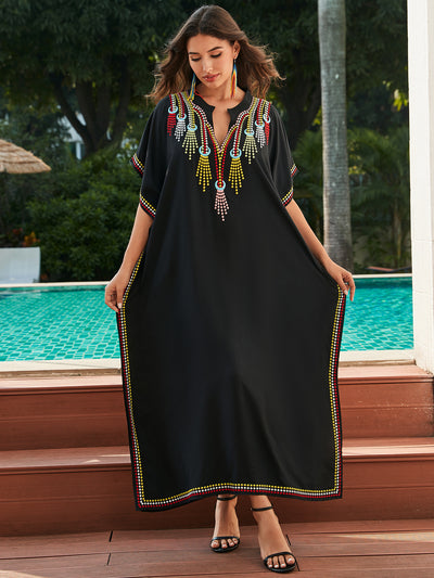 Women's Cotton Beach Cover-up Robe Style Loose Embroidery Vacation Dress