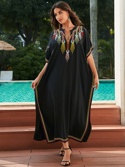 Women's Cotton Beach Cover-up Robe Style Loose Embroidery Vacation Dress