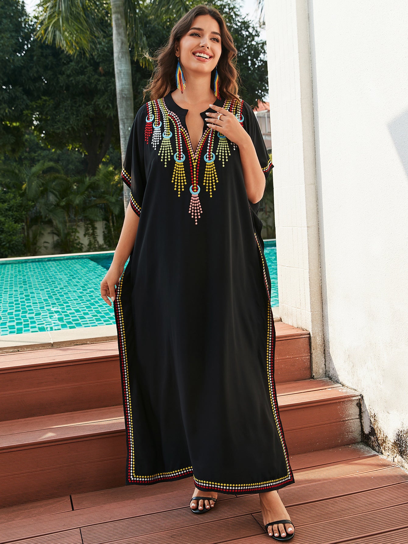 Women's Cotton Beach Cover-up Robe Style Loose Embroidery Vacation Dress