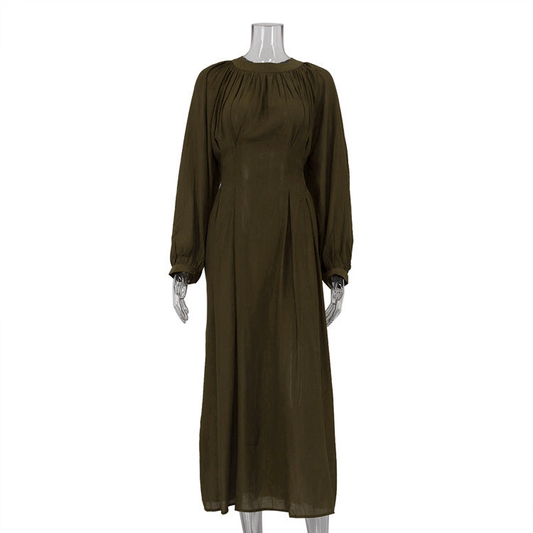 Loose Pleated Long Sleeve Round Neck Waist Trimming Lace-up Dress