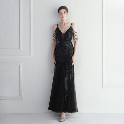 Mesh Beaded Bridal Wedding Dinner Long Camisole Evening Gown