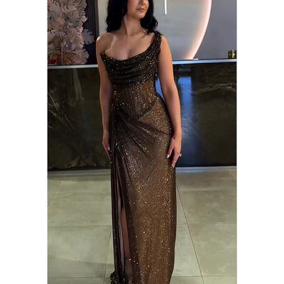 Split Gold And Silver Silk Dress Slim Women