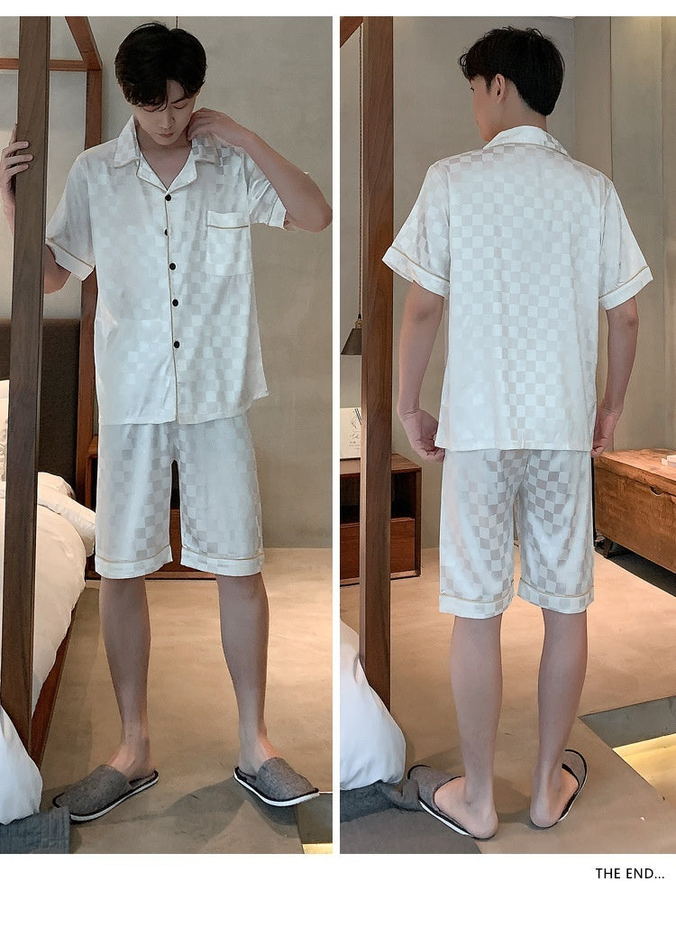 Men's Pajamas Summer Ice Silk Thin Short Sleeve Plus Size Loose Real Silk Jacquard Youth Homewear Suit