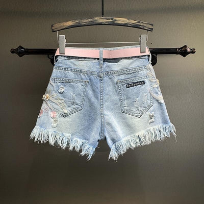 New Embroidery Beads Loose Straight Denim Shorts Women