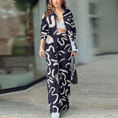 Long Sleeve Printed Shirt High Waist Trousers Fashion Suit