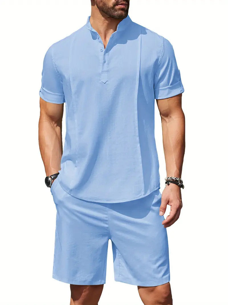 Men's 2 Pieces Linen Set Henley Shirt Short Sleeve And Shorts Summer Beach Yoga Matching Outfits