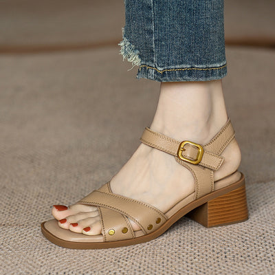 French Mid-Heel Open Toe Sandals