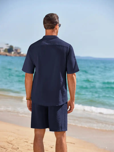 Men's 2 Pieces Linen Set Henley Shirt Short Sleeve And Shorts Summer Beach Yoga Matching Outfits