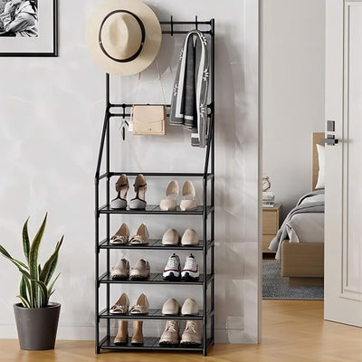 5 Tiers Shoe Rack For Entryway, Narrow Shoe Rack, Coat And Shoe Rack With 8 Hooks - Not Shipped On Weekends