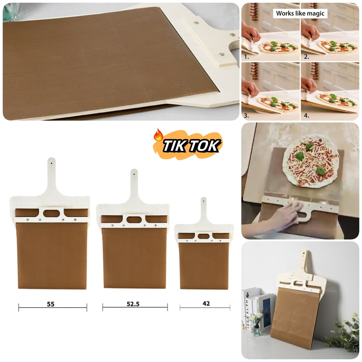 3-Sized Sliding Pizza Peel with Wooden Handle