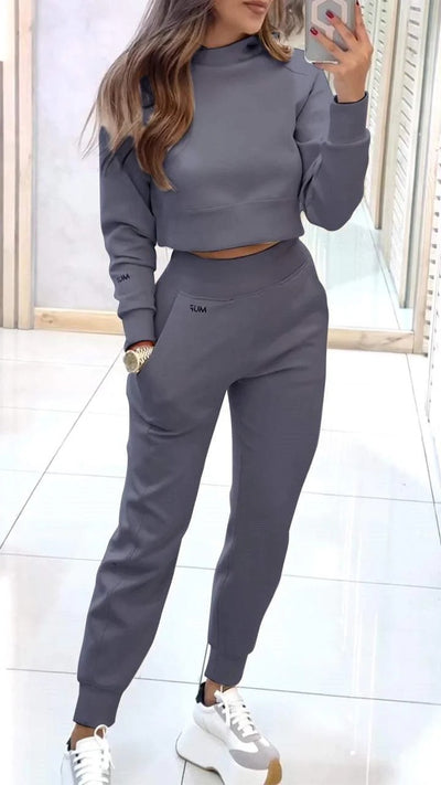 Stand Collar Sports Suit Fashion Pullover Long-sleeves Short Top And Slim Trousers With Pockets Solid Outfits Women's Clothing