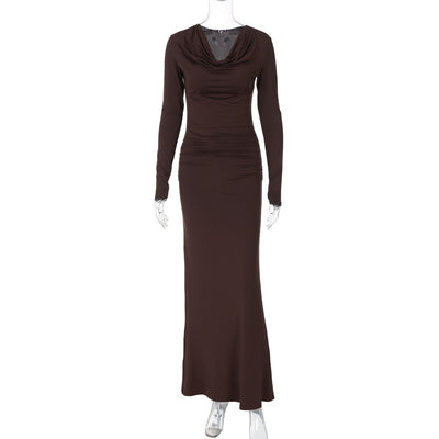 Fashion Swing Collar Long Sleeve Pleated Slim Sheath Dress