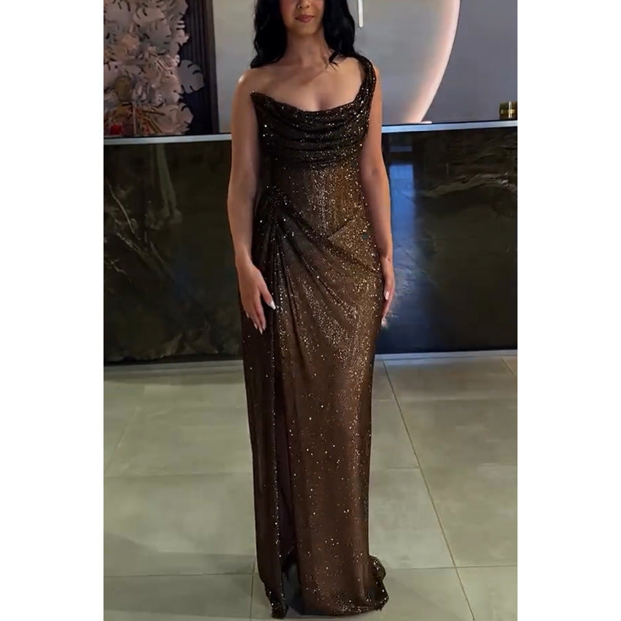 Split Gold And Silver Silk Dress Slim Women