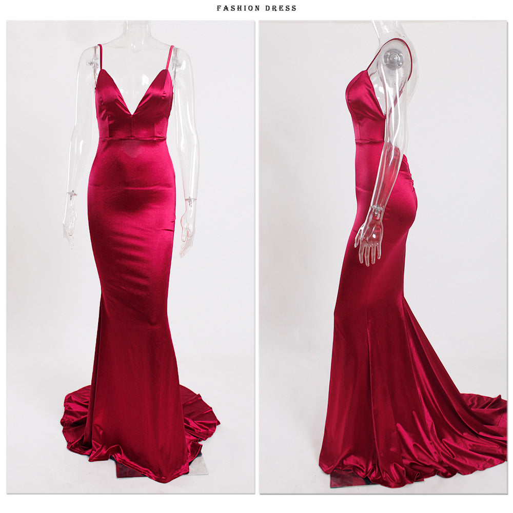 New Backless Satin Evening Dress Strap V-neck Trailing Formal Swing Dress Long Dress