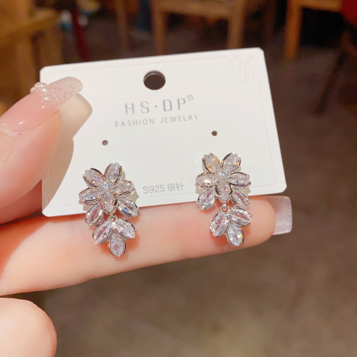 Zircon Flower Sterling Silver Eardrops