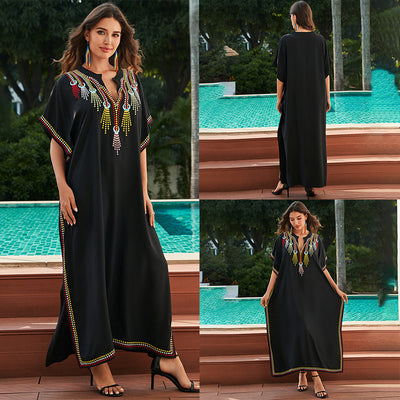 Women's Cotton Beach Cover-up Robe Style Loose Embroidery Vacation Dress