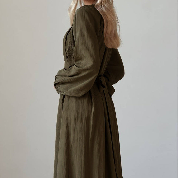 Loose Pleated Long Sleeve Round Neck Waist Trimming Lace-up Dress