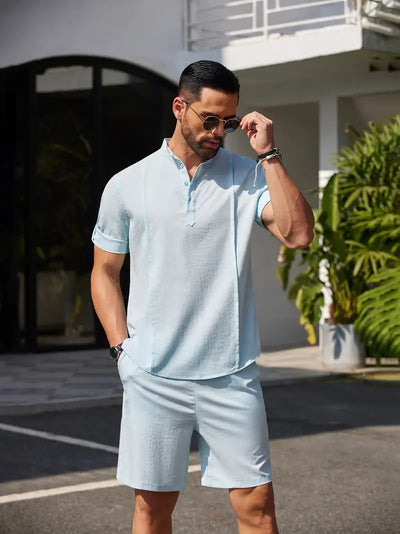 Men's 2 Pieces Linen Set Henley Shirt Short Sleeve And Shorts Summer Beach Yoga Matching Outfits