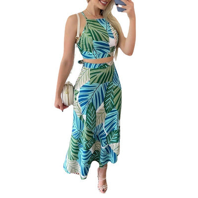 Casual Printed Short Lace Vest High Waist Dress