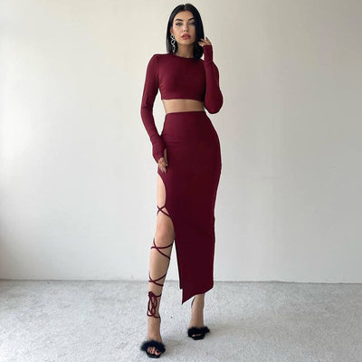 Top Slim-fit Lace Up Mid-length Dress Set