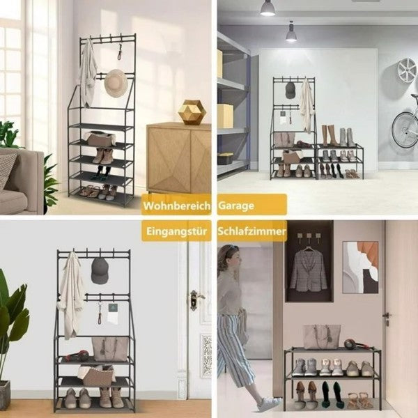 5 Tiers Shoe Rack For Entryway, Narrow Shoe Rack, Coat And Shoe Rack With 8 Hooks - Not Shipped On Weekends