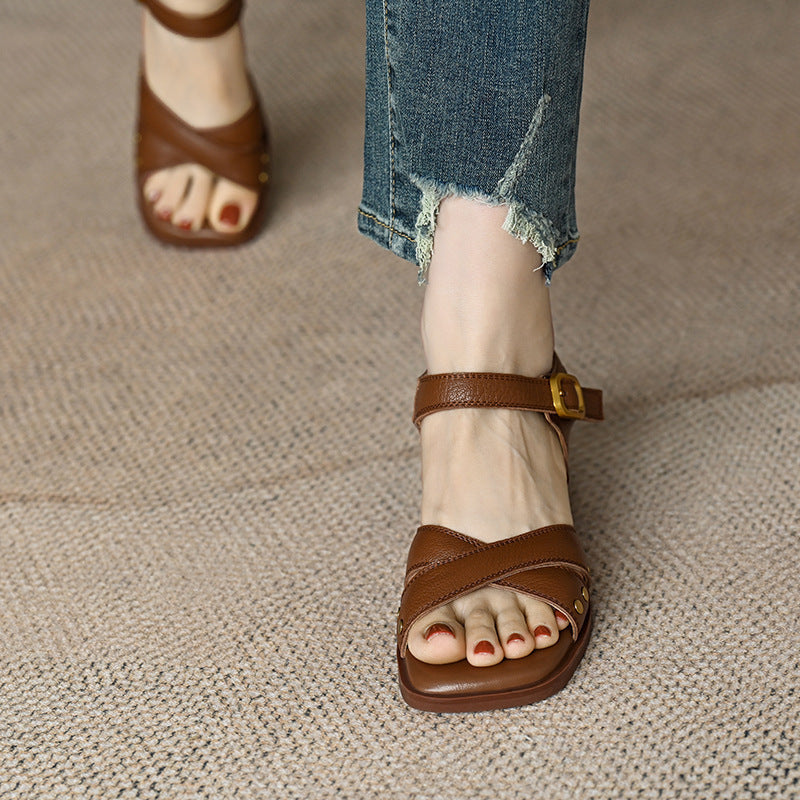 French Mid-Heel Open Toe Sandals