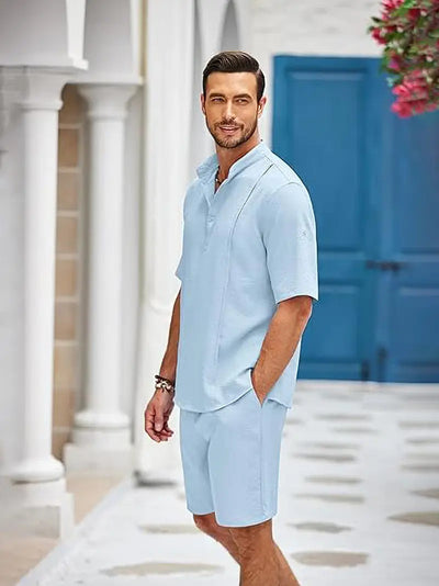 Men's 2 Pieces Linen Set Henley Shirt Short Sleeve And Shorts Summer Beach Yoga Matching Outfits