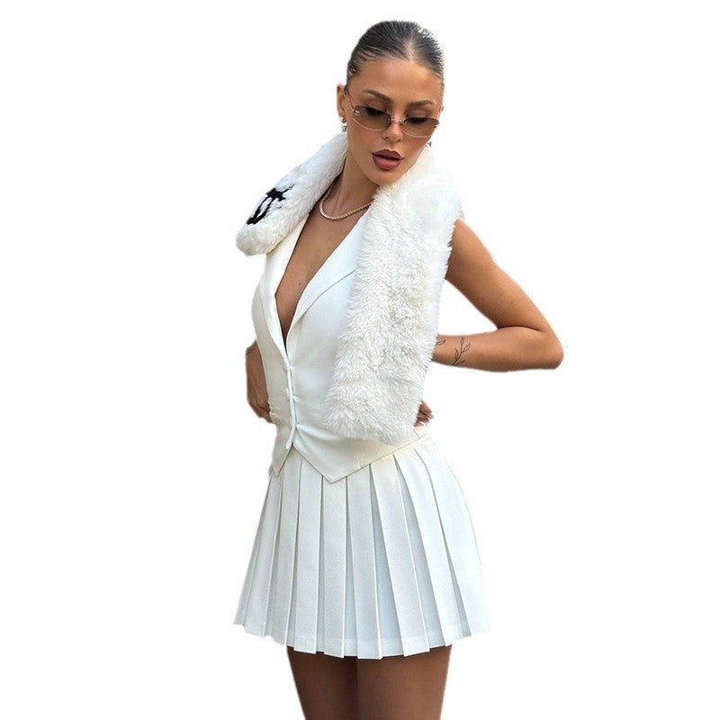 Women's Halter Backless Vest High Waist Pleated Skirt Two-piece Suit