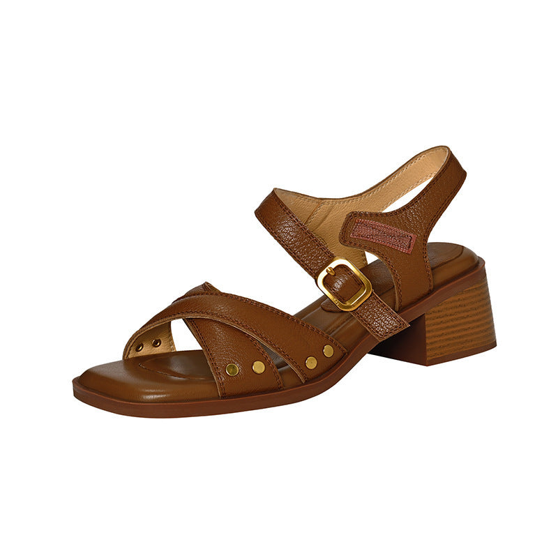 French Mid-Heel Open Toe Sandals