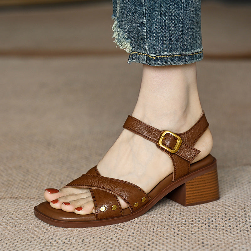 French Mid-Heel Open Toe Sandals