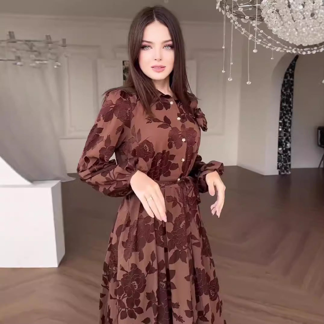 Fashion Jacquard Long Sleeve Swing Dress