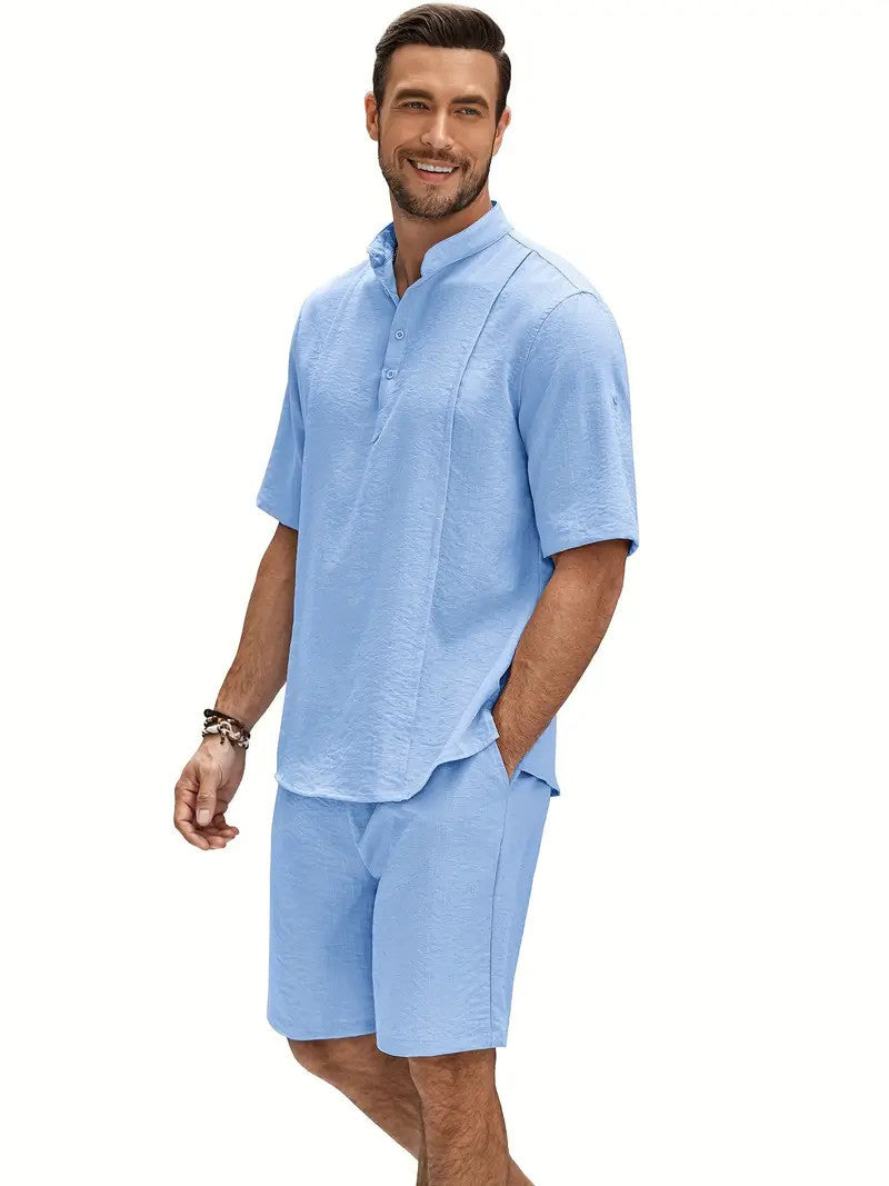 Men's 2 Pieces Linen Set Henley Shirt Short Sleeve And Shorts Summer Beach Yoga Matching Outfits