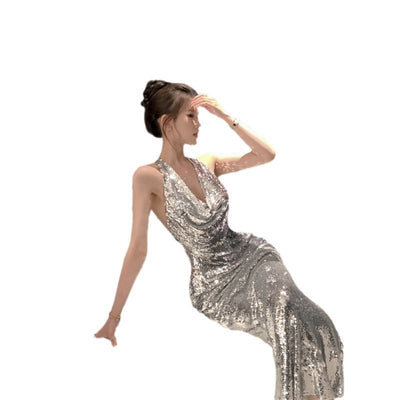 Glitter Silver Dress High-grade Light Luxury Evening Dress