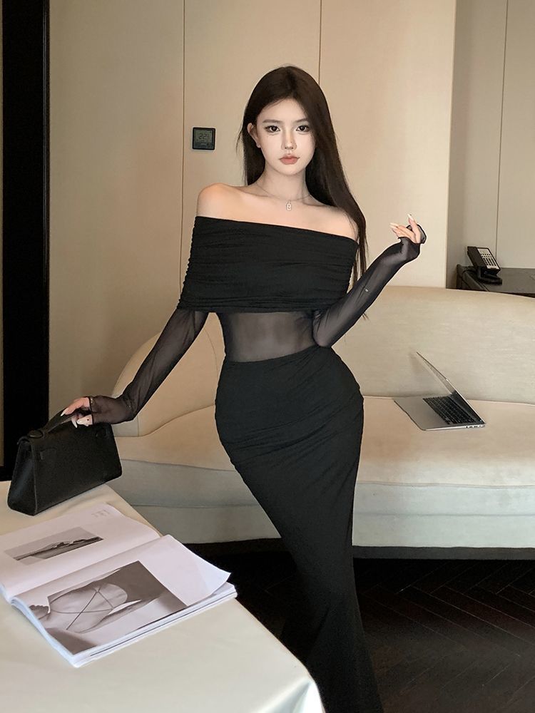 Women's Off-shoulder Long Sleeve Narrow Slim Fit Dress