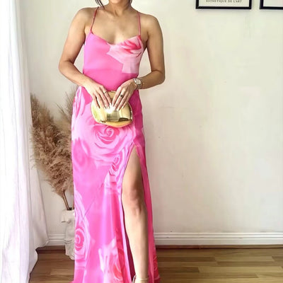 Lady's Flower Printed Sling Long Slit Dress